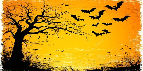 Canvas Print - Spooky Halloween background with a bare tree and bats.