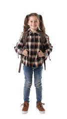 Wall Mural - Girl in plaid shirt with backpack smiling