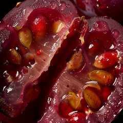 Close-up of juicy halves of grapes with water droplets