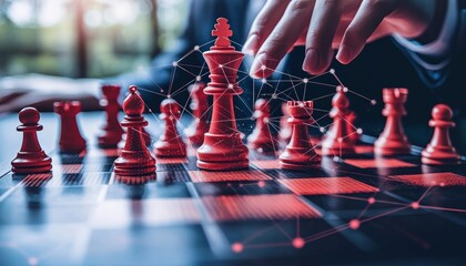 Poster - Businessmans Hand Making Strategic Move, Red Chess Pieces, Network Connections on Chessboard