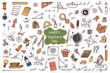 Happy Teacher's Day - hand drawn poster with school supplies and equations. Great typography design elements for greeting cards, banners and flyers. Vector 