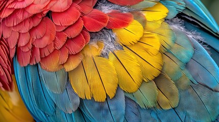 Poster -   A bird's feathers in focus; green, yellow, red, and blue blur in the background