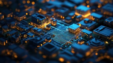 Poster - Miniature Cityscape with Illuminated Buildings and a Network of Blue Lines