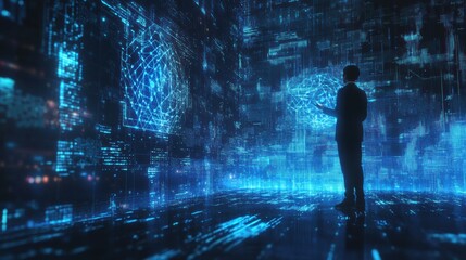 Leinwandbilder - A professional engages with floating holographic data and neural network patterns in a futuristic workspace at night. Generative AI