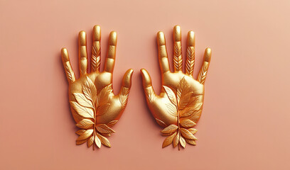 Two human hands made of golden leaves on a pastel background.