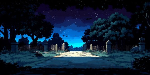 Poster - A dark, starry night scene with a path leading to a gate.