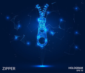 Wall Mural - Hologram zipper. Zipper made of polygons, triangles, dots, and lines. Low-poly zipper structure of connections. Technology concept vector.