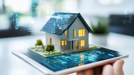 Poster - Miniature house model on tablet displaying smart home technology