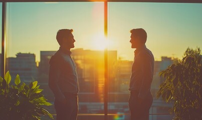 Wall Mural - Happy business colleagues talking in front of office window, Generative AI