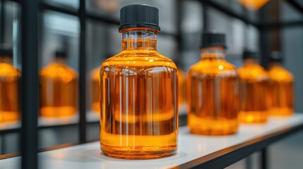 Wall Mural - Amber Glass Bottles with Liquid on Display Shelf