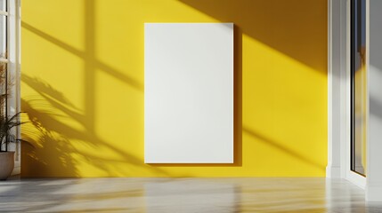 Wall Mural - White blank canvas mockup on yellow wall with natural light and shadows.