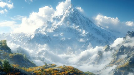 Poster - Majestic Mountain Peak with Clouds and Snow