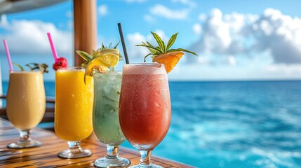 Poster -   A group of drinks rests atop a wooden table beside a tranquil body of water and billowing clouds