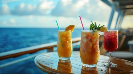 Poster -   A couple of drinks sit atop a wooden table alongside each other