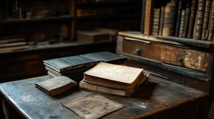 Poster - Antique Books Resting on a Wooden Desk in an Old Library