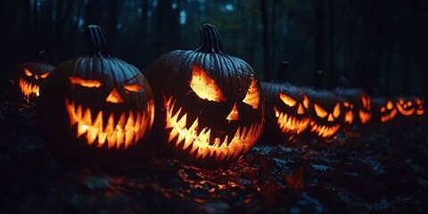 Wall Mural - A row of lit jack-o'-lanterns in a dark forest.