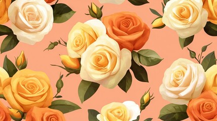 Wall Mural -   A close-up of a bouquet of pink roses with shades of orange, yellow, and white against a pink background