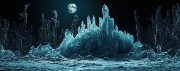 A stunning icy landscape under a full moon, showcasing crystal formations and a serene, mystical atmosphere.