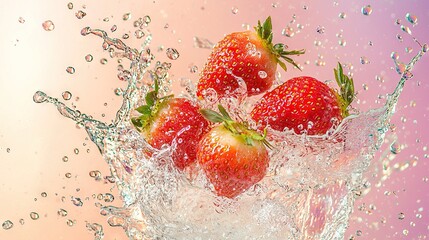 Poster -   A vibrant strawberry splashes into water against a blush backdrop, with ripples below