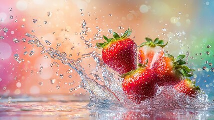 Poster -   A strawberry splash pool in a vibrant setting with water sprays