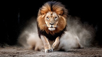 Wall Mural -   Close-up of a lion sprinting on dusty soil, surrounded by trees