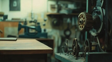 Poster - Closeup of an Industrial Machine with Gears and a Wooden Table in the Foreground