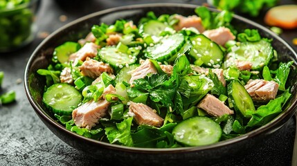 Wall Mural -   A close-up of a bowl of mixed vegetables and meat resting on a rustic wooden table surrounded by additional dishware