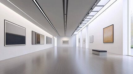 modern art gallery featuring minimalist paintings on white walls, with sleek lighting and polished floors, creating serene atmosphere for art appreciation