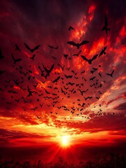 Canvas Print - A flock of bats fly against a fiery sunset.