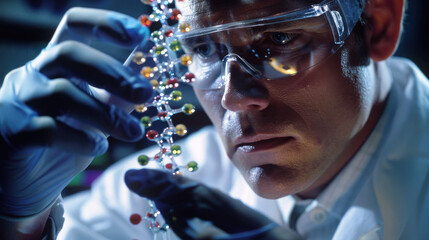 Poster - scientist examines colorful DNA strand with intense focus, showcasing intricate details of genetic research. atmosphere is filled with curiosity and discovery