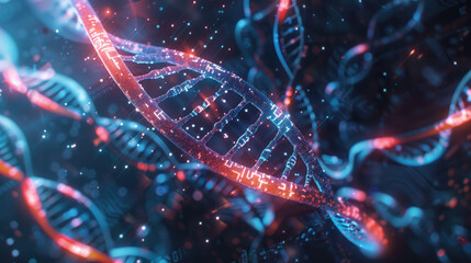 Aufkleber - vibrant and intricate representation of DNA strands, showcasing double helix structure with glowing elements in blue and red hues. This image captures essence of genetic science and molecular