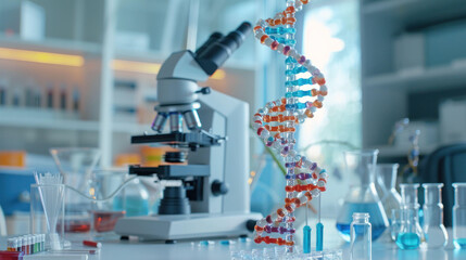 Poster - vibrant laboratory scene featuring DNA double helix model, microscope, and various glassware filled with colorful liquids. This setting evokes sense of scientific discovery and innovation