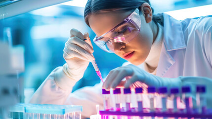 Poster - focused female scientist in laboratory carefully pipetting pink liquid into test tubes, showcasing precision and dedication in her research