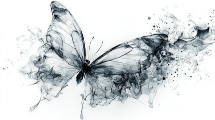 Wall Mural -   A monochromatic picture of a butterfly emitting smoke from its wings, particularly the rear ones