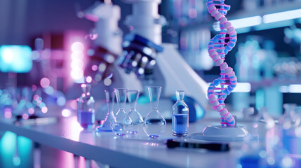 Poster - vibrant laboratory scene featuring DNA double helix model surrounded by various glassware filled with blue liquid. colorful lighting creates dynamic and engaging atmosphere, perfect for scientific