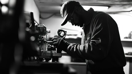 A Man in a Cap and Gloves Working on a Machine in a Workshop