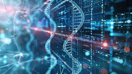 Aufkleber - Digital representation of DNA strands intertwined with data streams, symbolizing fusion of biology and technology. This image evokes sense of innovation and scientific advancement