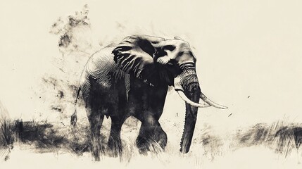 Wall Mural -   A monochrome image of an elephant carrying tusks on its back