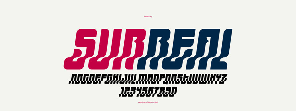 Bended and deformed display font for logos and posters, vector distorted and twisted typeface for headlines and advertising, logotype cool typography, italic version