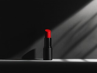 Red lipstick is isolated on a matte background, with a monochromatic color palette and soft backlighting. The bottle is placed on a smooth, dark surface. Makeup product.