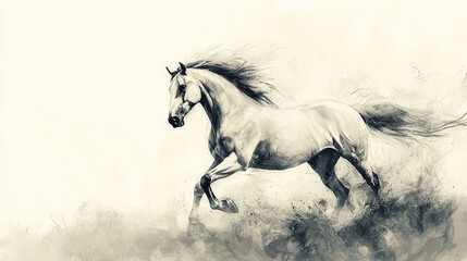 Poster -   A B&W image of a galloping horse with flowing mane against a white backdrop