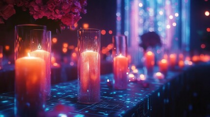 Wedding ceremony with holographic digital decor and futuristic glowing rings  Futuristic  Hologram  Soft Lighting