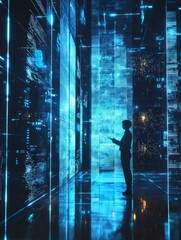 Aufkleber - A professional utilizes holographic data displays and neural network graphics in a futuristic urban environment at dusk. Generative AI