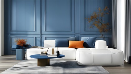 Stylish modern living room featuring a white sofa against a blue wall, perfect for showcasing personal style and creativity