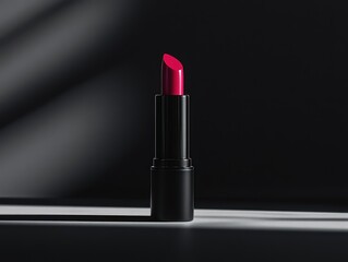 Red lipstick is isolated on a matte background, with a monochromatic color palette and soft backlighting. The bottle is placed on a smooth, dark surface. Makeup product.