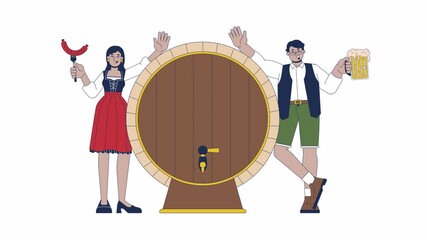 Poster - Happy brewers couple leaning on beer cask cartoon animation. Oktoberfest celebration 4K video motion graphic. Tourists couple at traditional holiday animated 2D characters isolated on white background