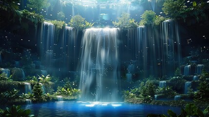 Poster - The waterfall stage design has floating islands in the center of the Stadium with waterfalls flowing down from them. The top of each waterfall is surrounded by jungle plants and trees.