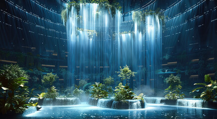 Poster - The waterfall stage design has floating islands in the center of the Stadium with waterfalls flowing down from them. The top of each waterfall is surrounded by jungle plants and trees.