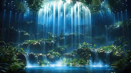 Poster - The waterfall stage design has floating islands in the center of the Stadium with waterfalls flowing down from them. The top of each waterfall is surrounded by jungle plants and trees.