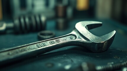 Poster - Close-up of a Worn Wrench on a Blue Surface